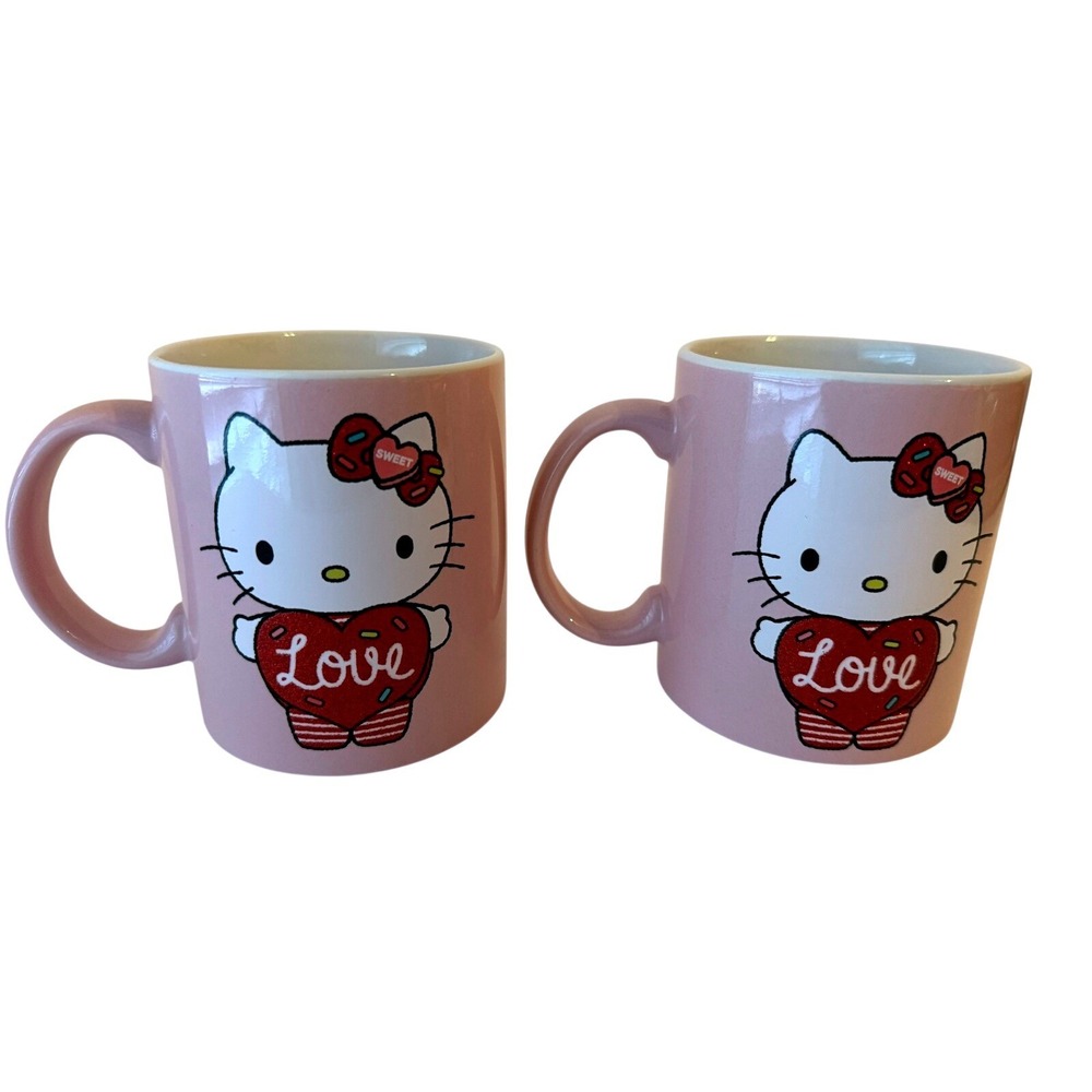 Hello‎ Kitty Valentines Coffee Mug Love Heart Sweet Pink Ceramic Set of TwoNEW
